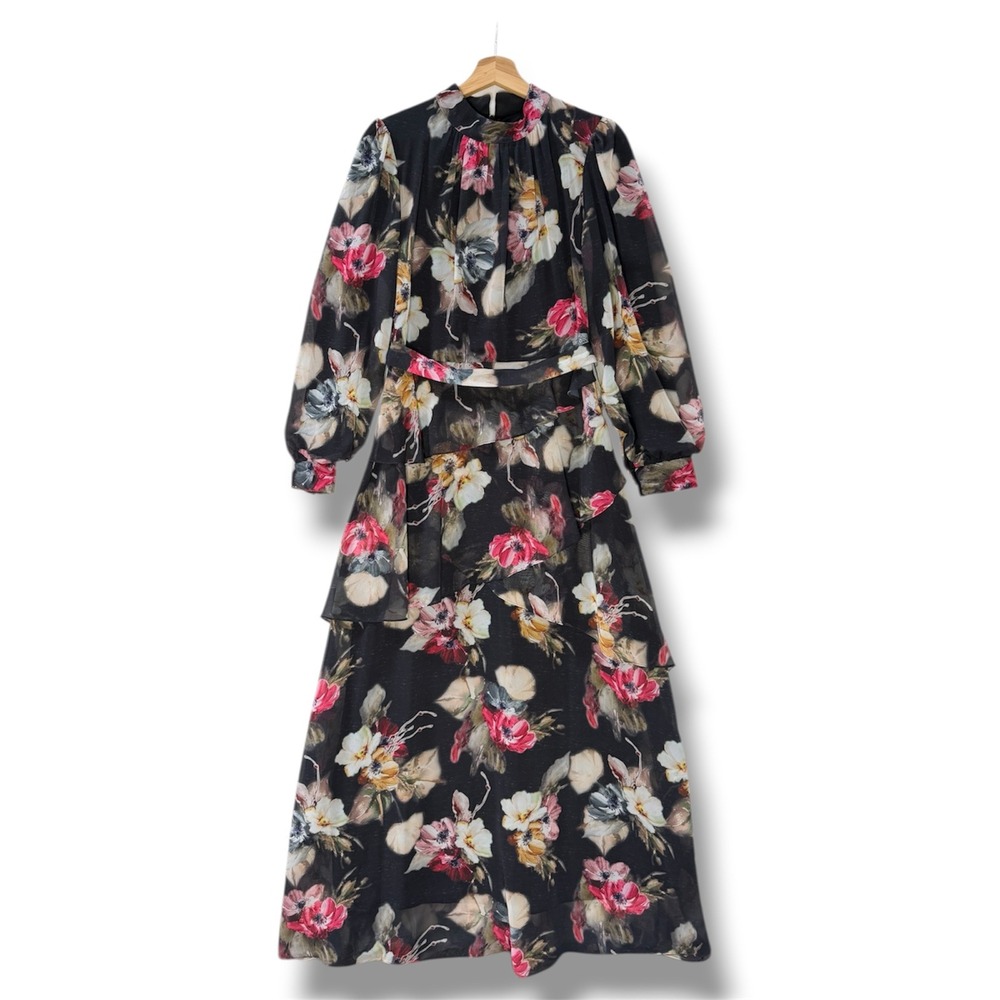 Chiffon Floral Maxi Dress Tiered Ruffle layered Black Pink Mock Neck Women's S‎